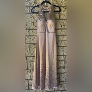 Plunge Halter Satin Evening Dress in Light Beige azazie amla perla pink NWT